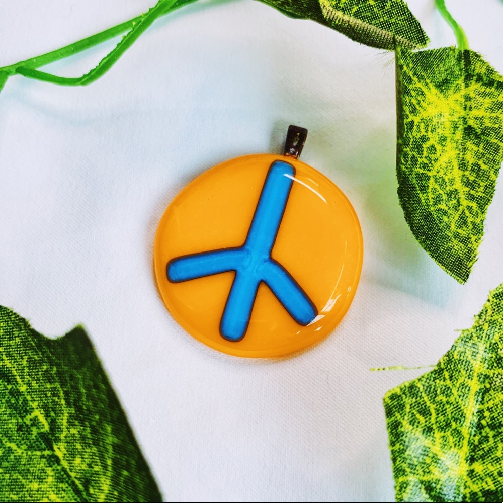 Neon Orange/Blue Glass Peace Pendant (Necklace)